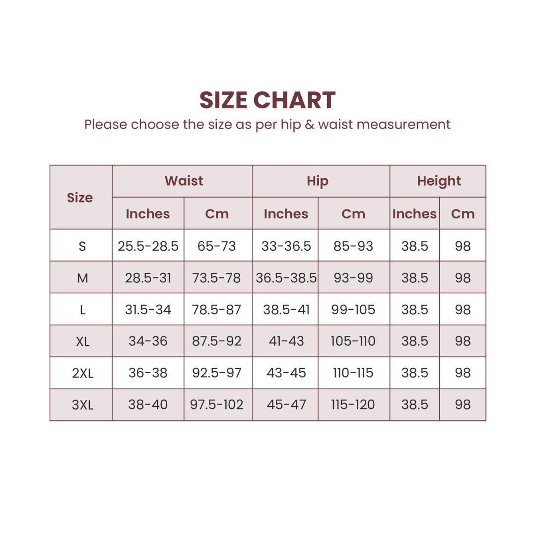 Drapefit Cotton Saree Shapewear size chart